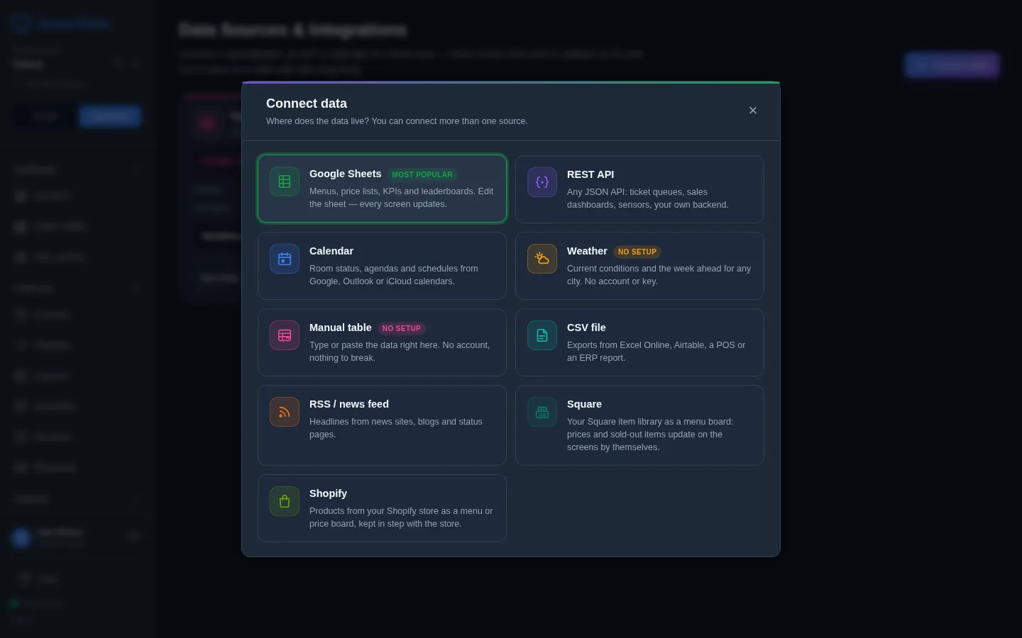 The Connect data window with nine connectors as tiles: Google Sheets marked Most popular, REST API, Calendar, Weather marked No setup, Manual table marked No setup, CSV file, RSS / news feed, Square and Shopify. Each tile has one line about what it is for.