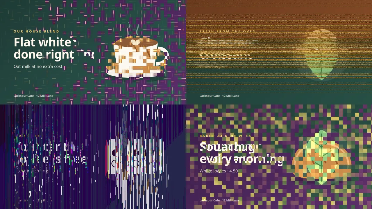 A screen split into four quadrants, each halfway through a different transition: blocky digital noise top left, horizontal scan lines top right, vertical glitch streaks bottom left and coloured squares bottom right.